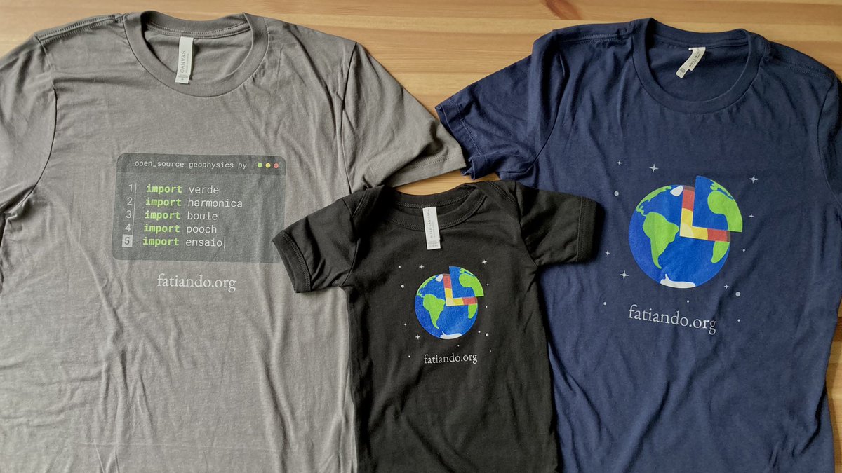 Picture of 3 tshirt types we have for sale: one with a text editor importing our libraries, one with our logo in the center, and a baby onesie sporting our logo.