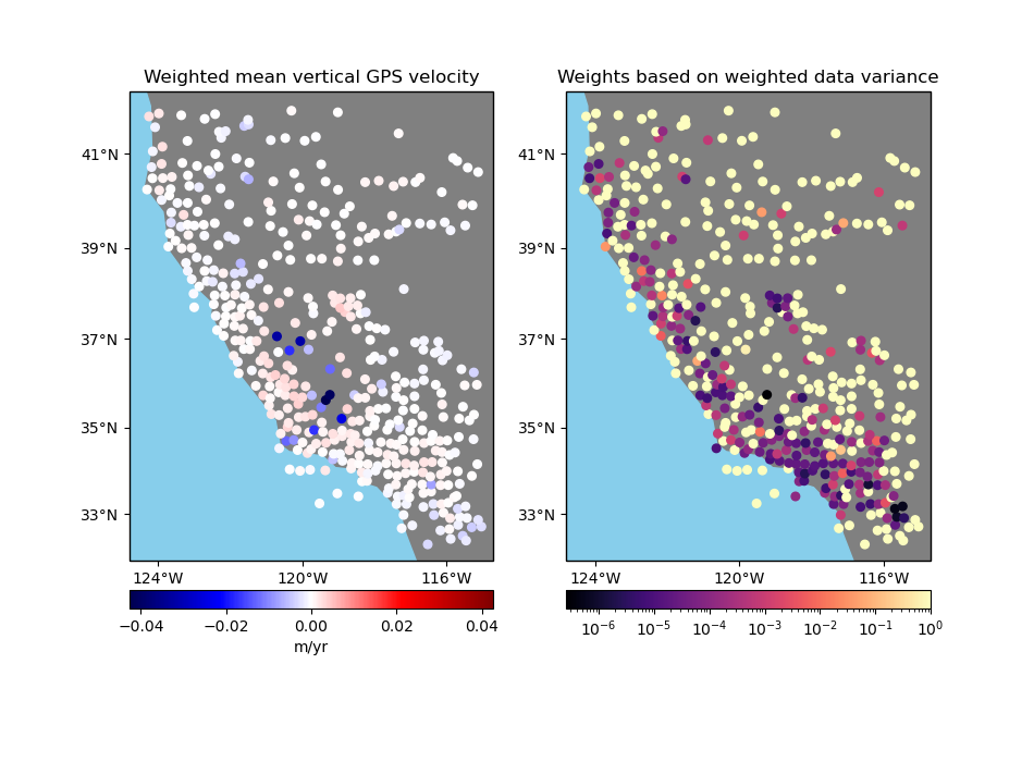 Weighted mean vertical GPS velocity, Weights based on weighted data variance