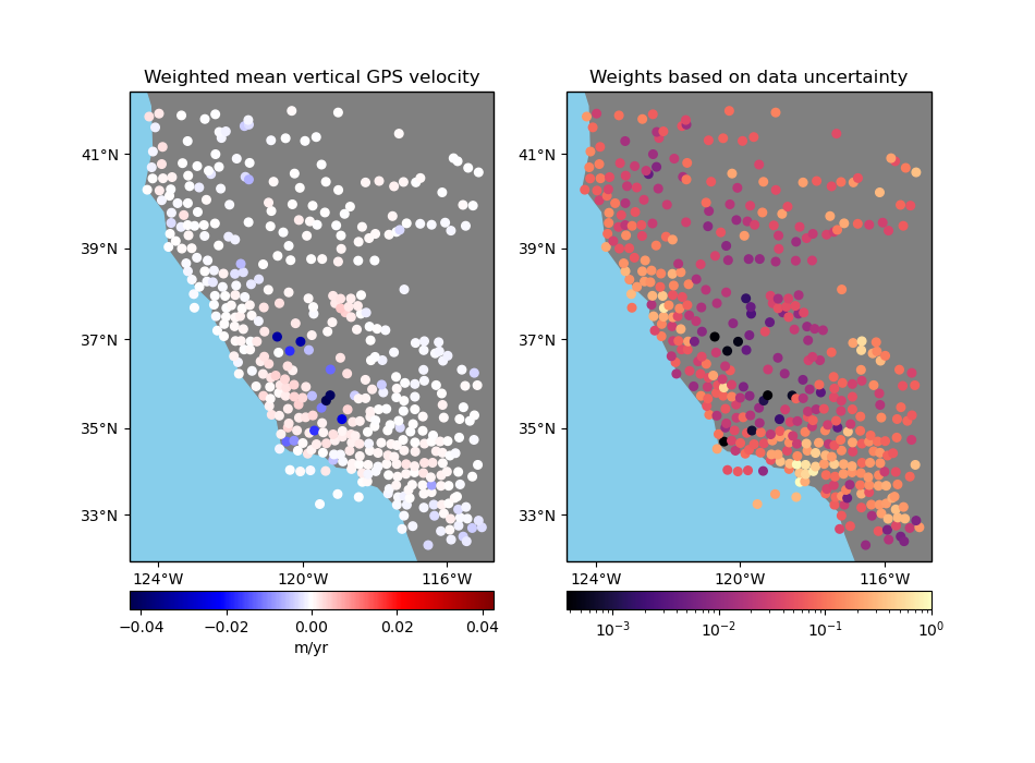 Weighted mean vertical GPS velocity, Weights based on data uncertainty
