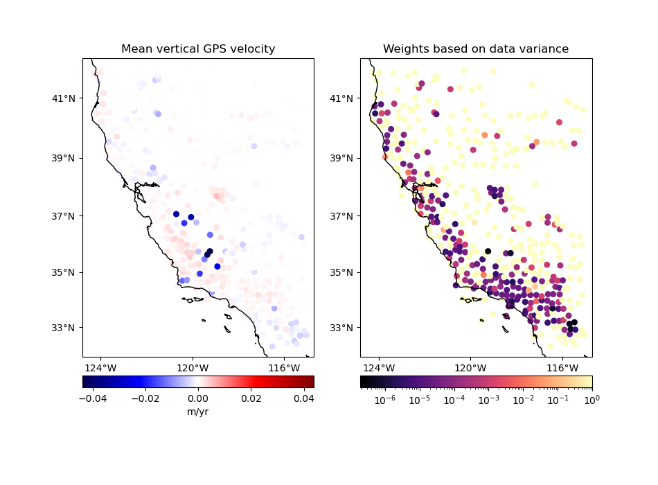 Mean vertical GPS velocity, Weights based on data variance